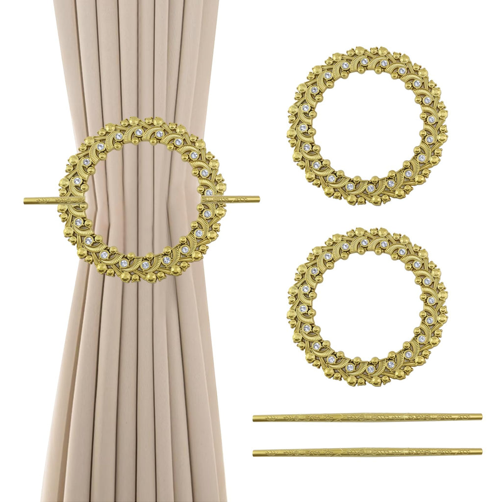 Gold Curtain Tiebacks, Round Drapery Holdbacks, 20 Crystals - 2 Pack