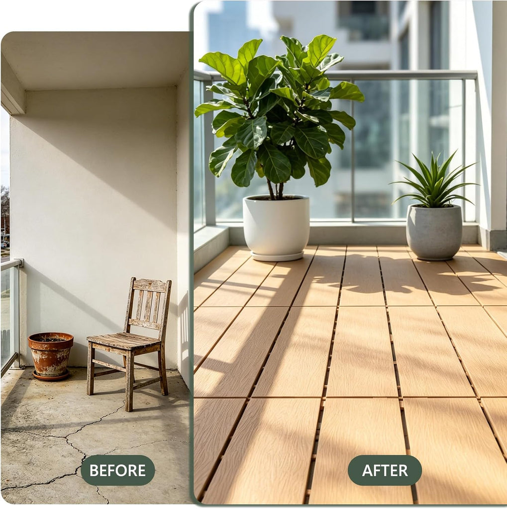 Plastic Interlocking Deck Tiles 24"x13"(6-Pack) Outdoor Patio Flooring, Waterproof All-Weather Decking for Balcony