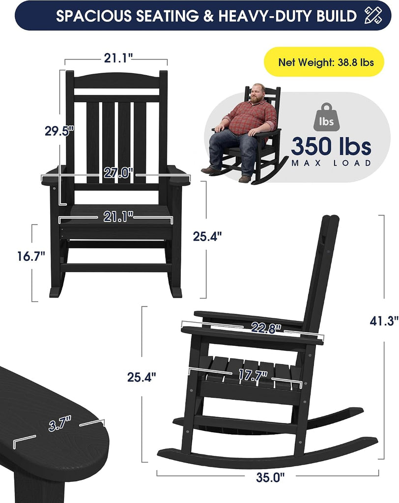 Oversized Outdoor Rocking Chairs Set of 2, HDPE Porch Rocker, Black | - Rocking Chairs for Outdoor with Wide Seat