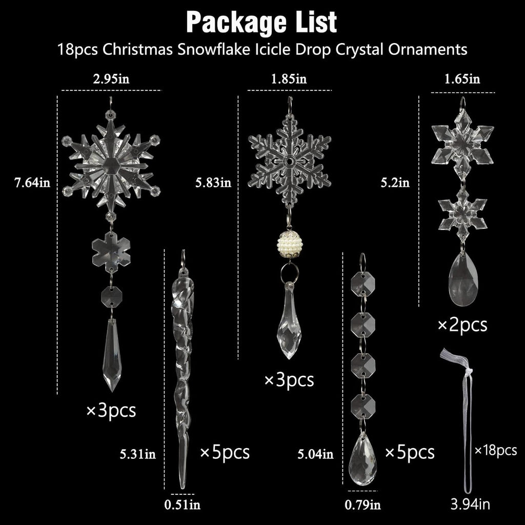 Crystal Christmas Tree Ornaments, Clear Acrylic Snowflake & Icicle - Set of 18