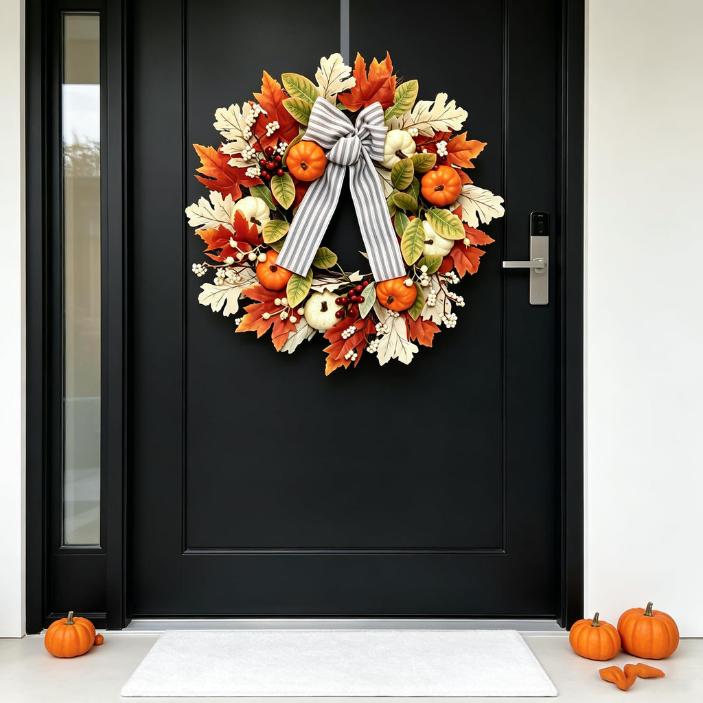 24 Inch Fall Wreaths for Front Door, Home Decor Farmhouse Off White