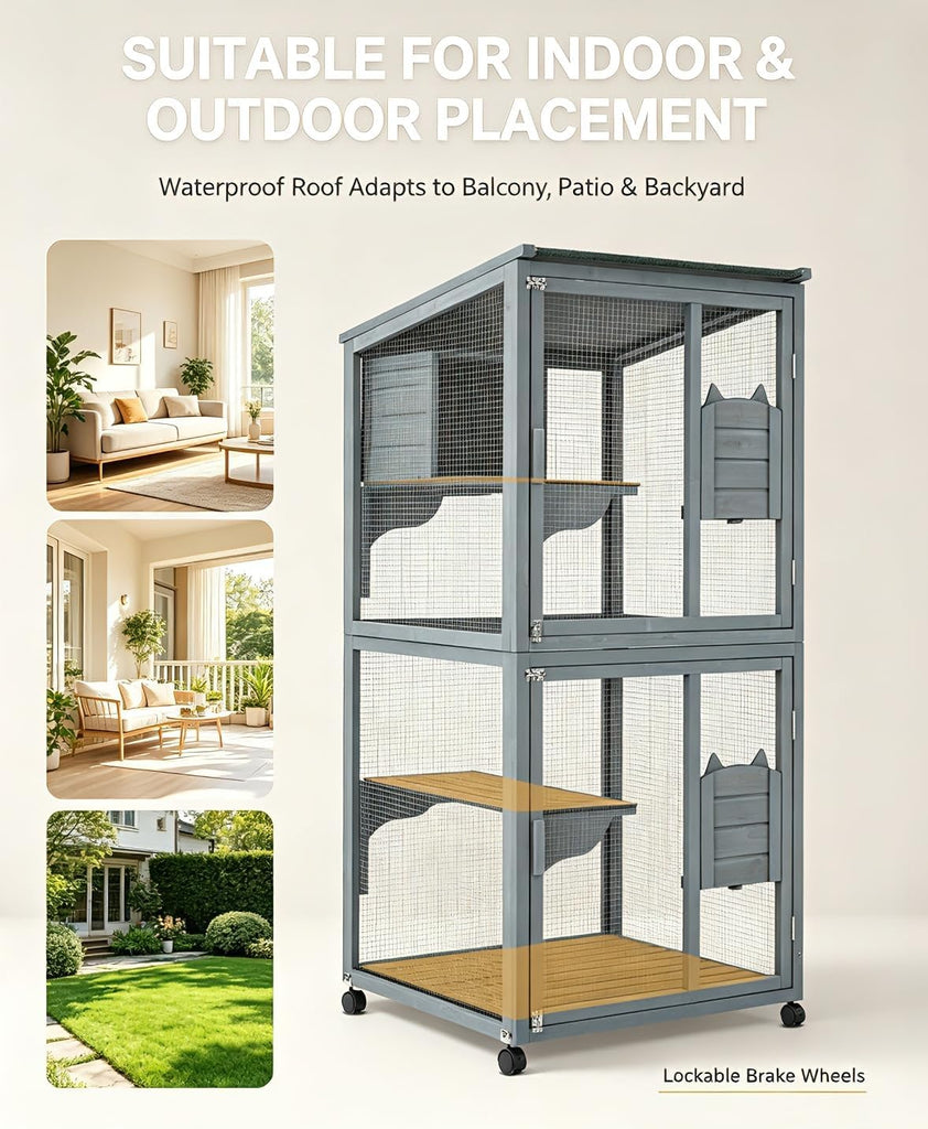 4-Tier 69" H Wooden Cat Enclosure Catio Indoor/Outdoor Cat House