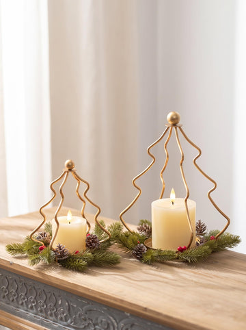 Christmas Tree Candle Holders: Gold Lanterns Set of 2 with Wreaths