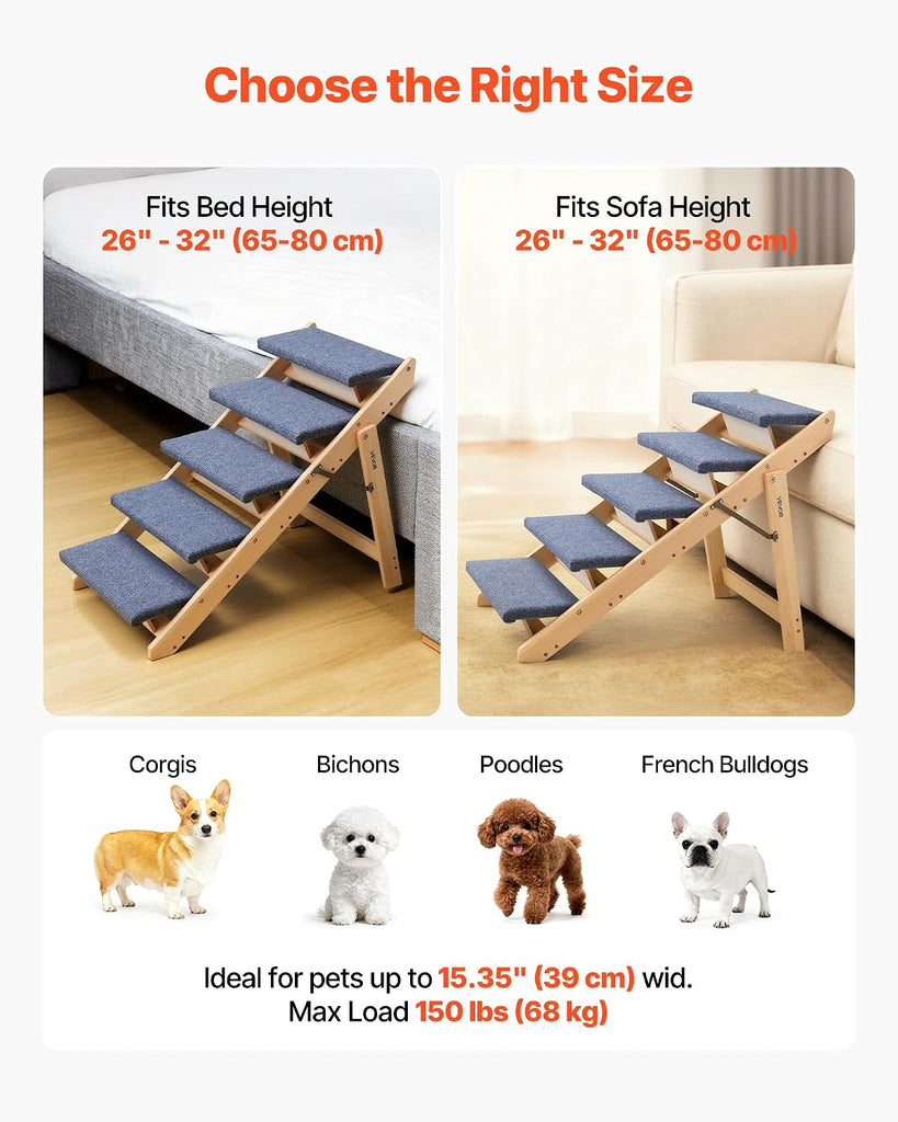 Wood Pet Stairs, 5-Step Dog Stairs for Beds, Sofa & Cars, 150lbs Load Capacity, Floded Flat Design, Stable & Sturdy