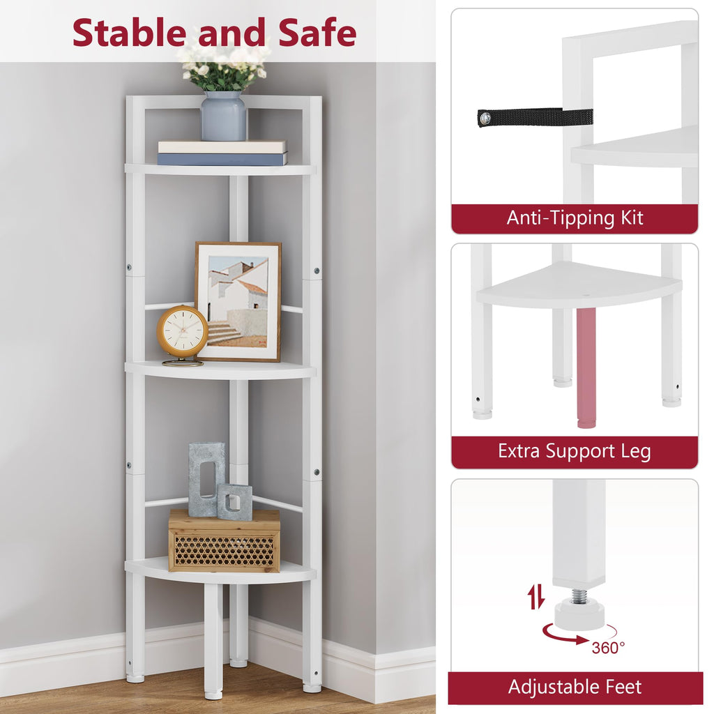 Small Corner Shelf Stand 3 Tier 39.5" with Metal Frame, White