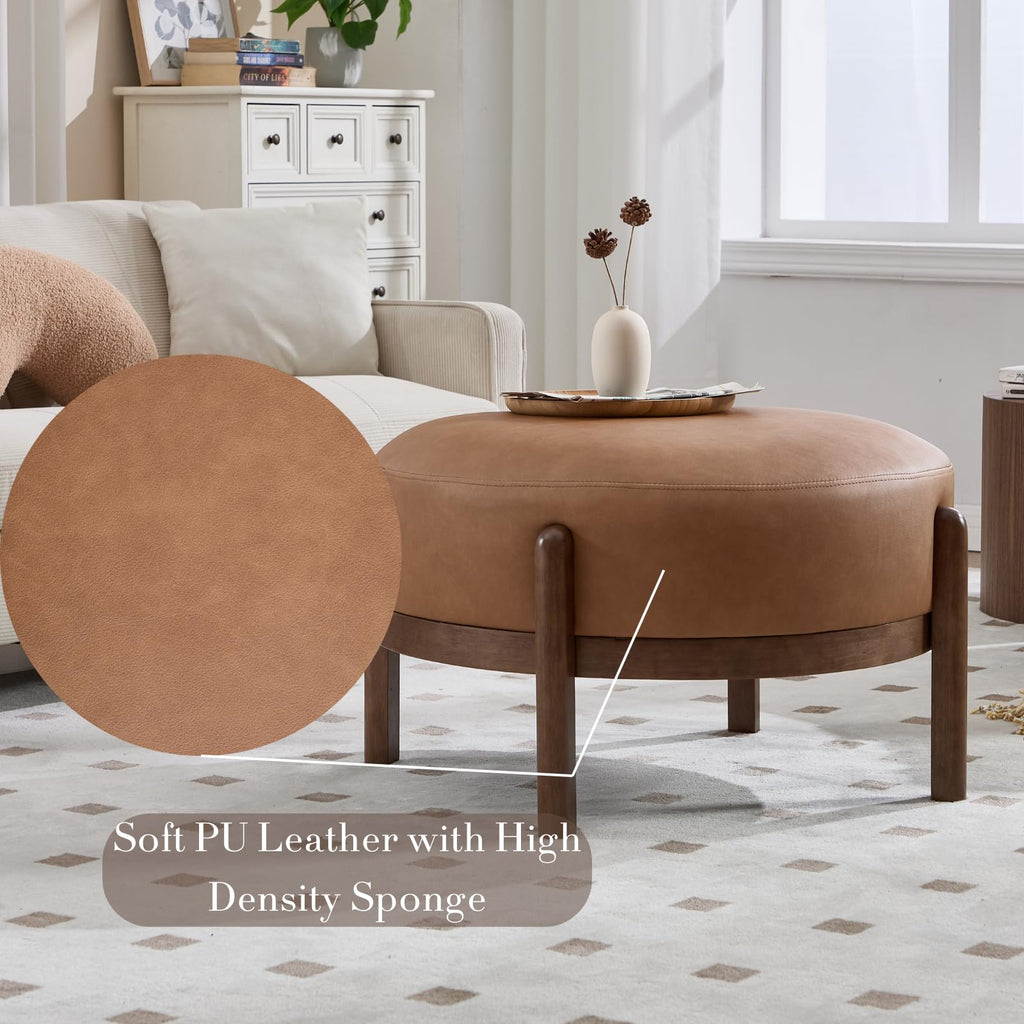 Modern Ottoman, Soft PU Leather Footrest Bench with Solid Wooden Legs Single Seat Bedroom, Brown