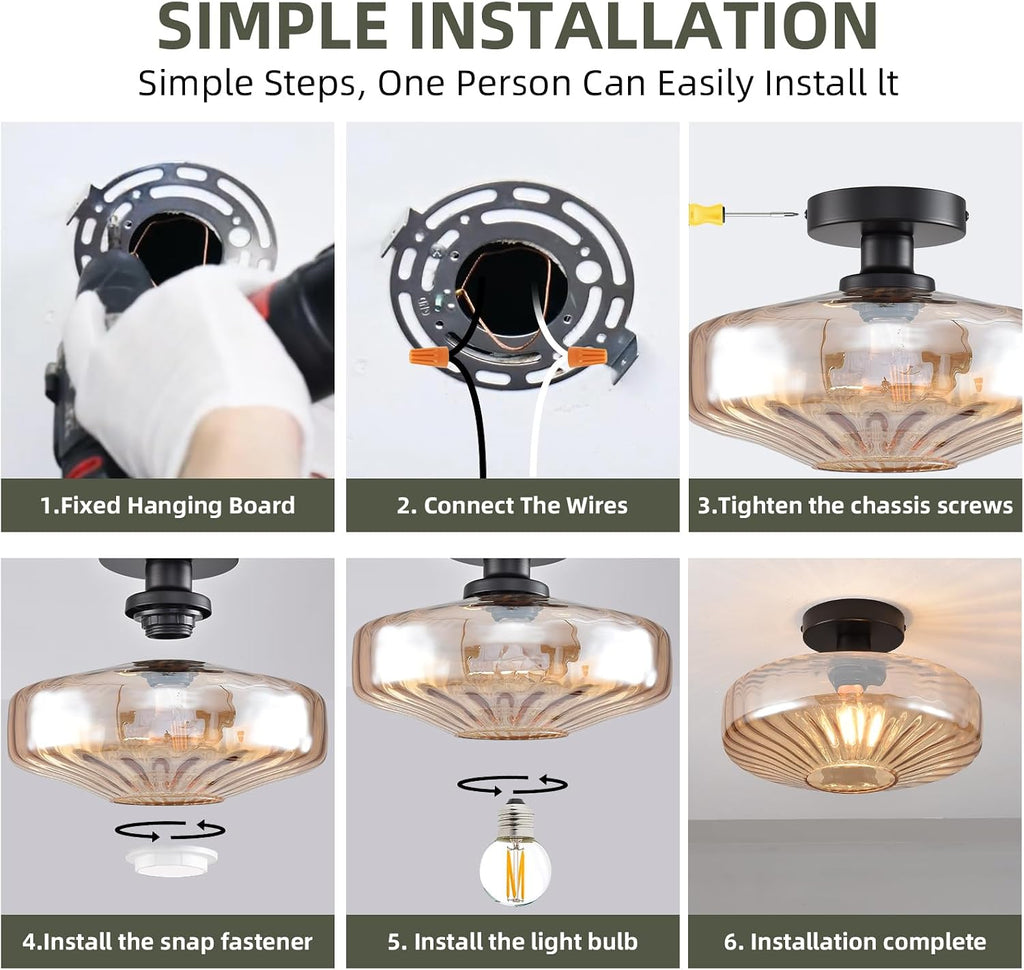 Semi Flush Mount Ceiling Light,11.8 inch Vintage Warm Amber Glass Ceiling Light Fixture,Living Room Lighting Fixtures