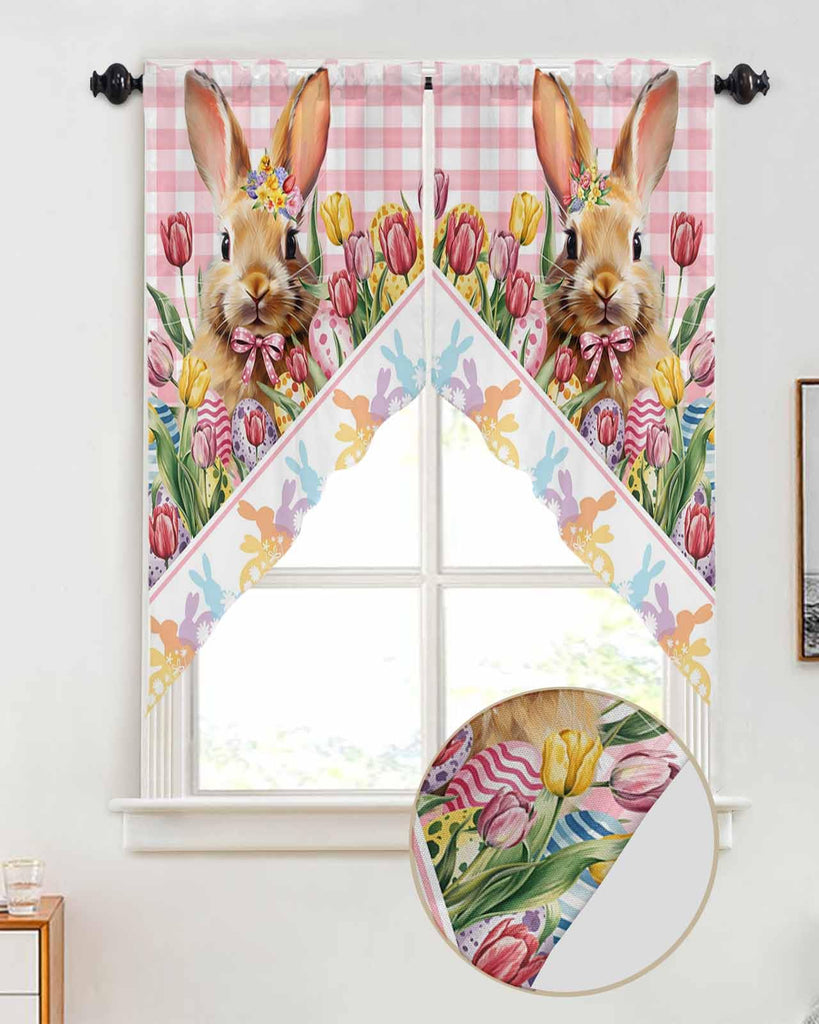Swag Valances for Windows, Easter Rabbit Tulips Buffalo Check Rod Pocket Thermal Insulated Kitchen Window Curtains