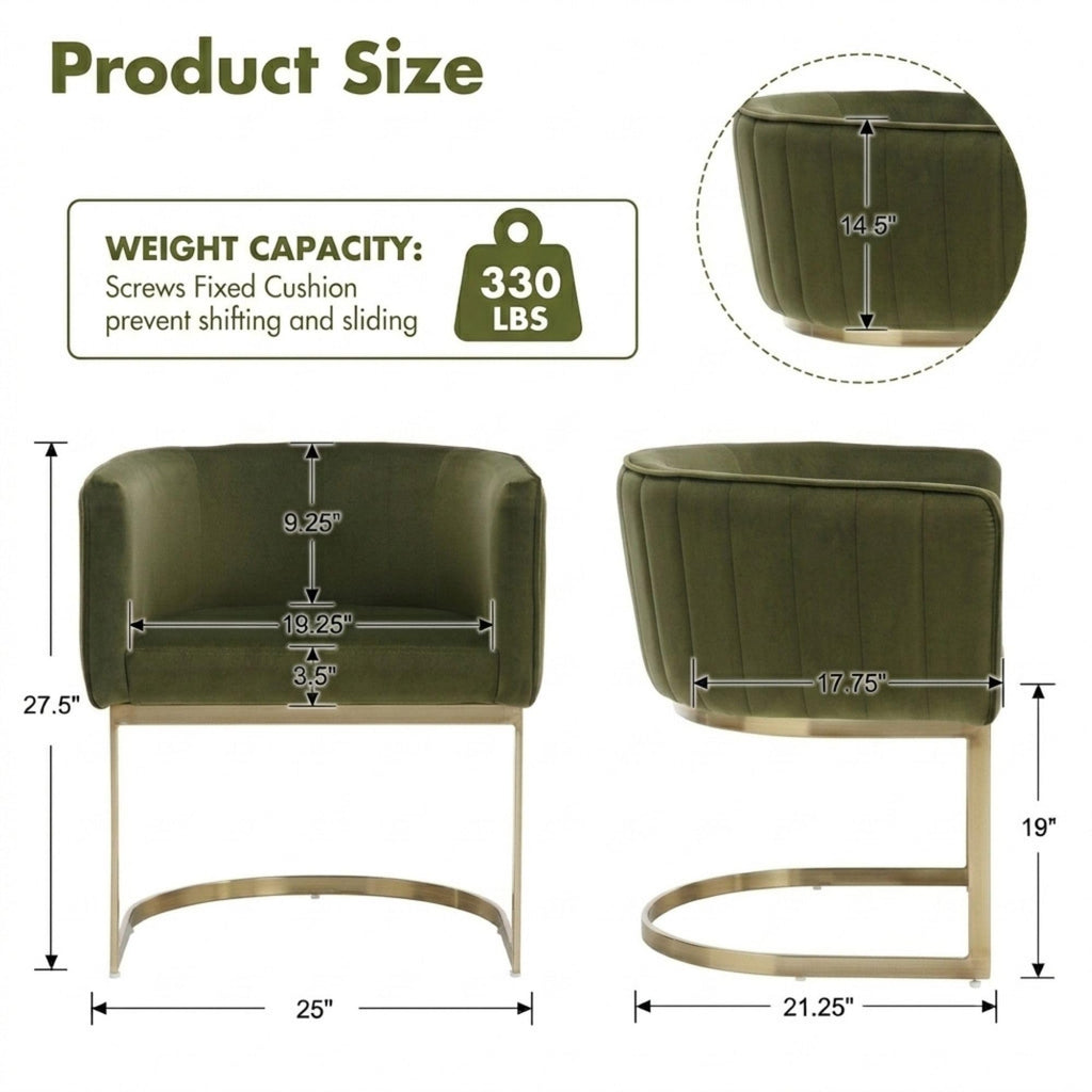 Olive Green and Gold Modern Barrel Dining Room Chairs Set of 4, Velvet Upholstered Accent Chairs with Curved Back