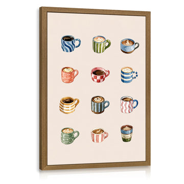 Wood Framed Coffee Cups Wall Art, Minimalist Coffee Bar Poster Print, Colorful Espresso Latte Illustration Wall