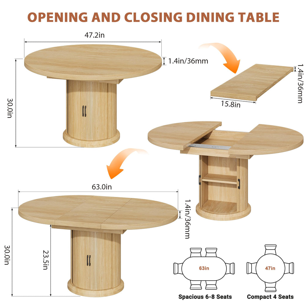 47′′-63′′ Extendable Round Kitchen Dining Room Table for 4-6 with 2-Tier Storage Shelf Dust-Proof, Space Saving