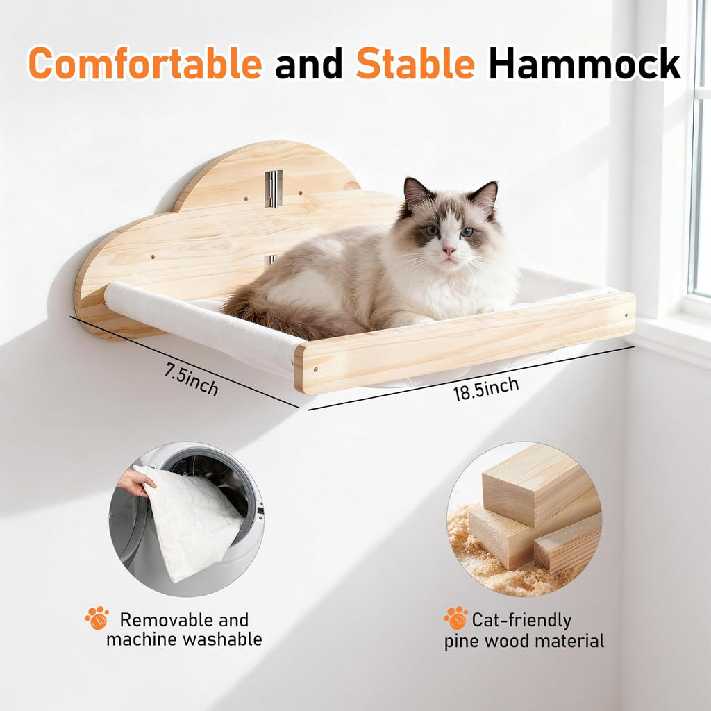 Cat Wall Hammock Mounted Bed with 4 Climbing Steps, Modern Cats Shelves and Perches up to 30lbs, Wooden Kitten Wall