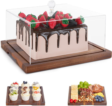 Acacia Wood Cake Stand with Lid,2-in-1 Cake Holder with Dome,Square dome