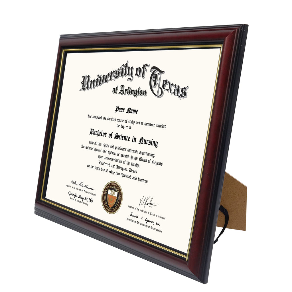 8.5x11 Certificate Diploma Frame, Solid Wood & UV Protection Acrylic, Cherry Finish with Gold Trim