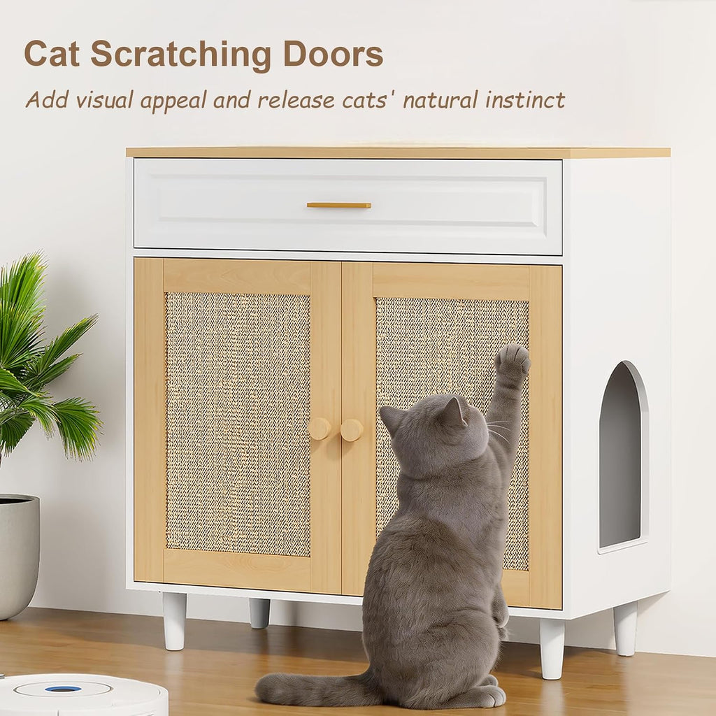 Cat Litter Box Enclosure, Hidden Litter Box Cabinet with Sisal Scratching Board Doors and Drawer, Dog Proof