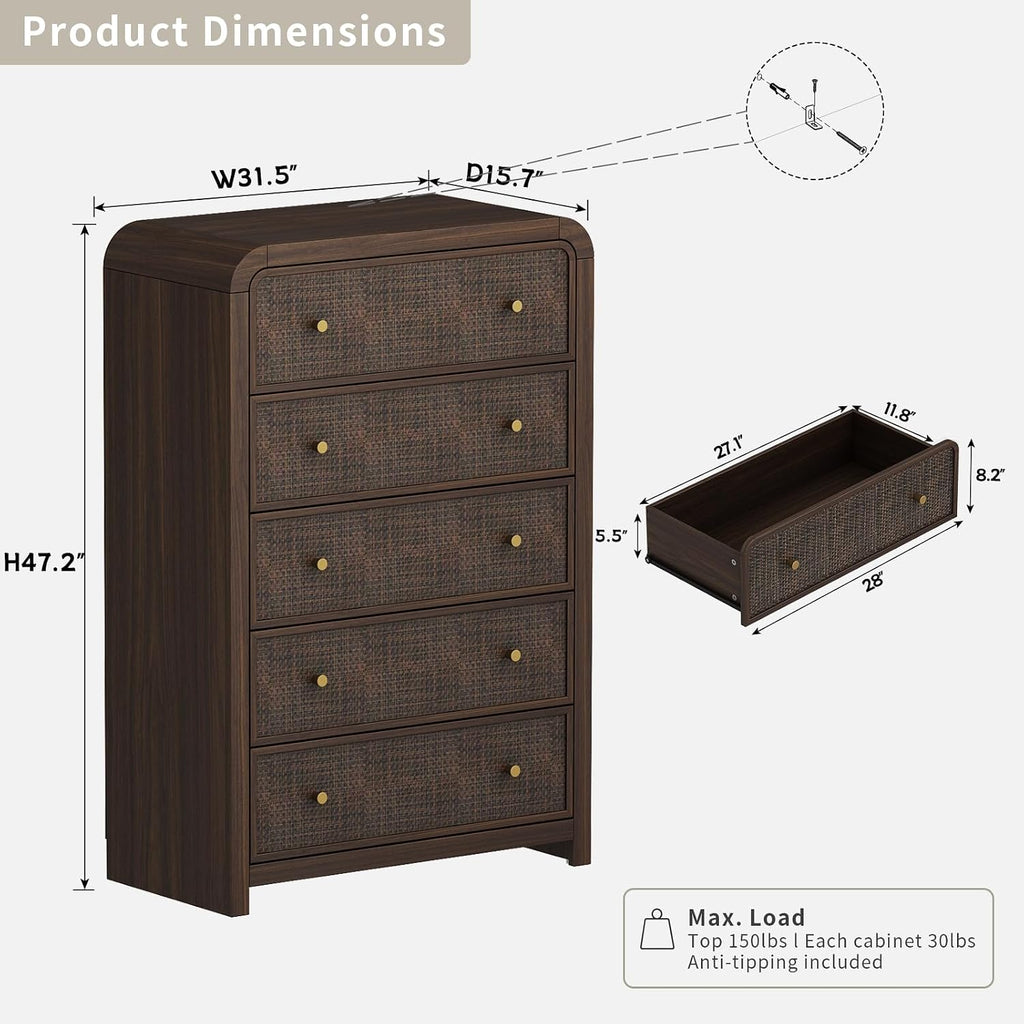 5 Drawer Tall Dresser , 47'' Rattan Dresser with Ample Storage, Boho Chest of Drawers, Thickened Curved Profile