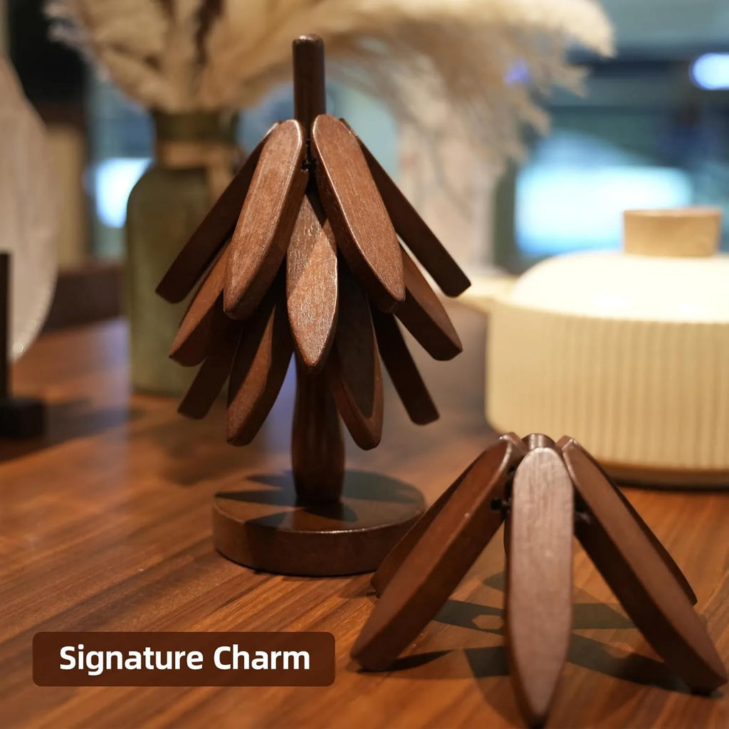Wooden Trivet Tree for Hot Dishes, 4 Coasters + Stand, Walnut Finish - Set of 5