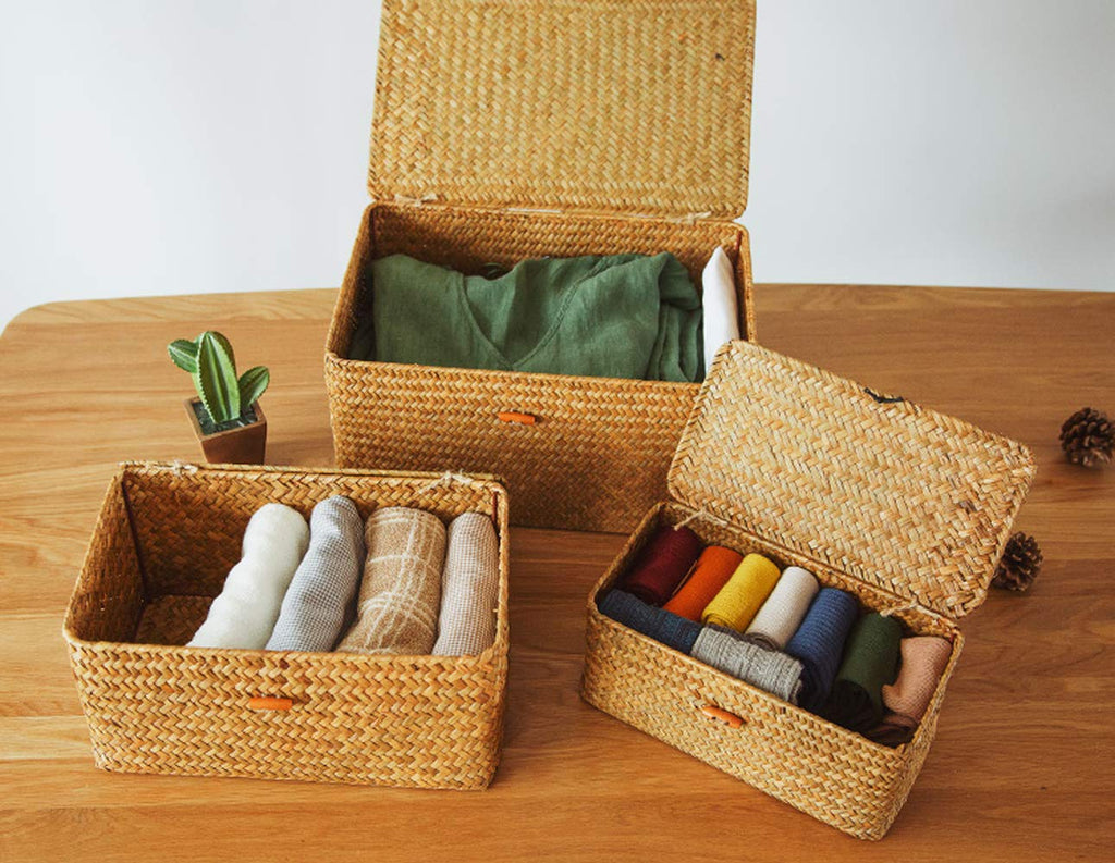 Boho Nesting Shelf Baskets with Lid, Set of 3 Household Organizer Bins, Compact Handwoven Seagrass Wicker Basket for