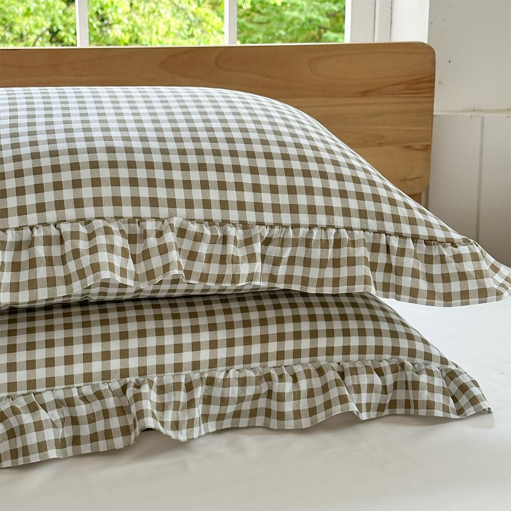 Tan Gingham Ruffle Duvet Cover King, 3 Pieces Taupe Soft Pre-Washed Microfiber Checked Plaid Comforter Cover Set