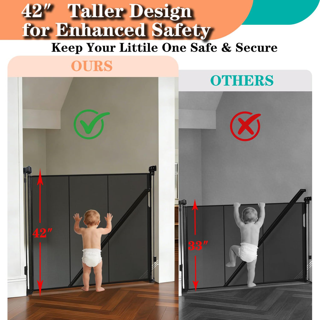80" Wide Retractable Baby Gate for Stairs, 42" Extra Tall Retractable Dog Pet Gate with Support Rods, Mesh Screen