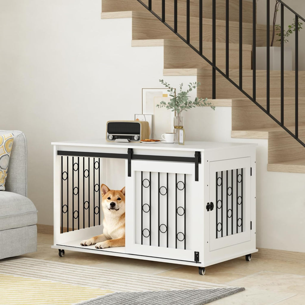 Modern Wooden Dog Crate Furniture with Sliding Barn Door and Side Door
