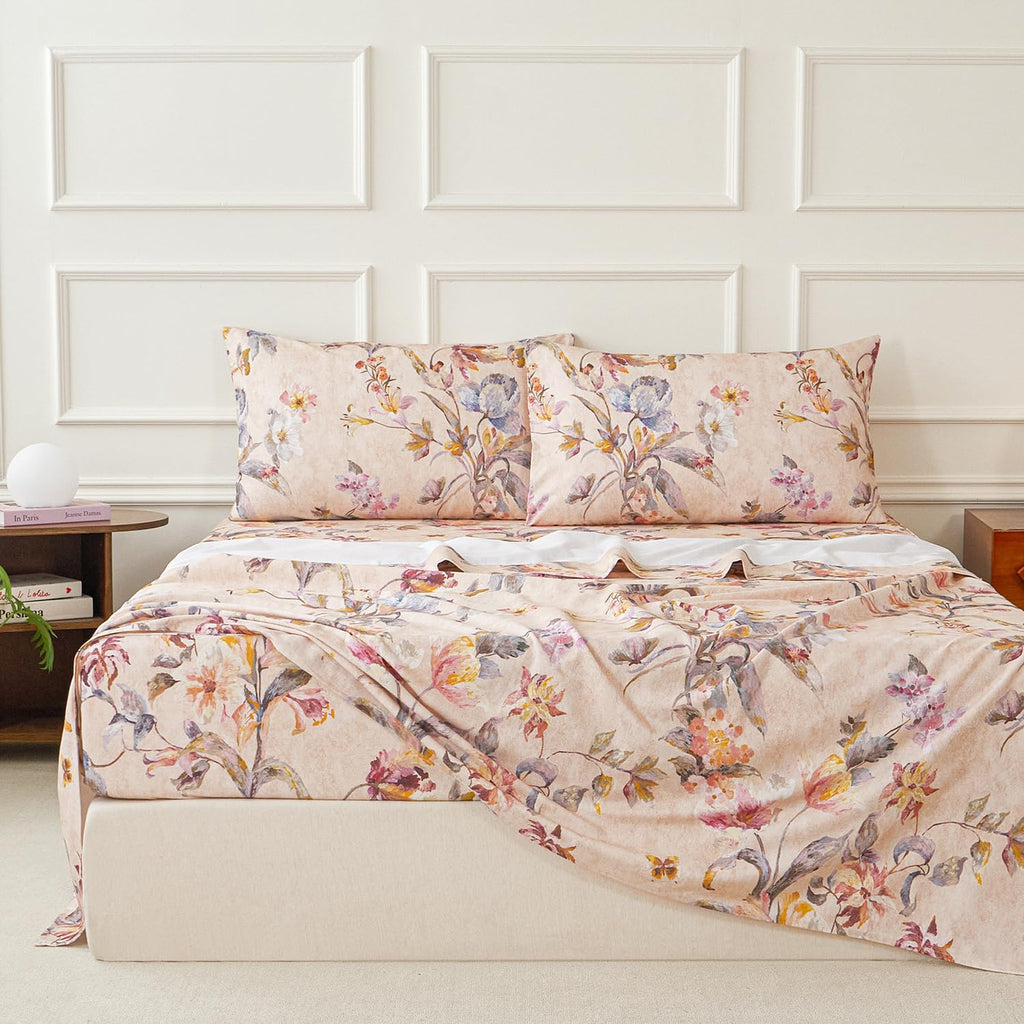 Beige Floral Bed Sheets Set King 100% Brushed Cotton Flannel-Like Sheets Luxury Vintage Tulip Flower Printed