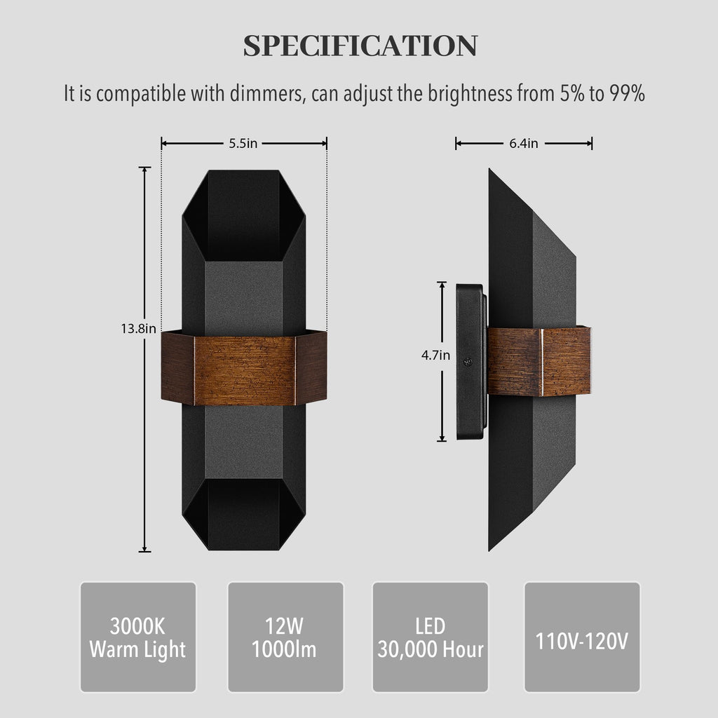 2 Pack LED Up Down Outdoor Wall Lights, with Wood-Grain Metal Belt