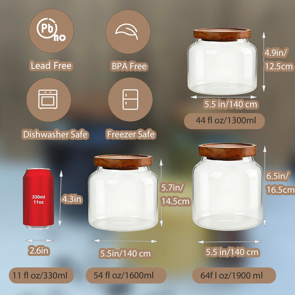 1PC Glass Storage Jars with Airtight Lids, 64 fl oz (1900ml) coffee container with Wooden Lid, Glass Pantry Canister