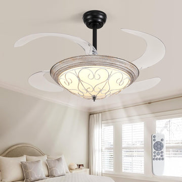 Retractable White Ceiling Fan with Lights & Remote, 48'' Farmhouse Fandelier, Dimmable LED 6 Speed, 3 Color