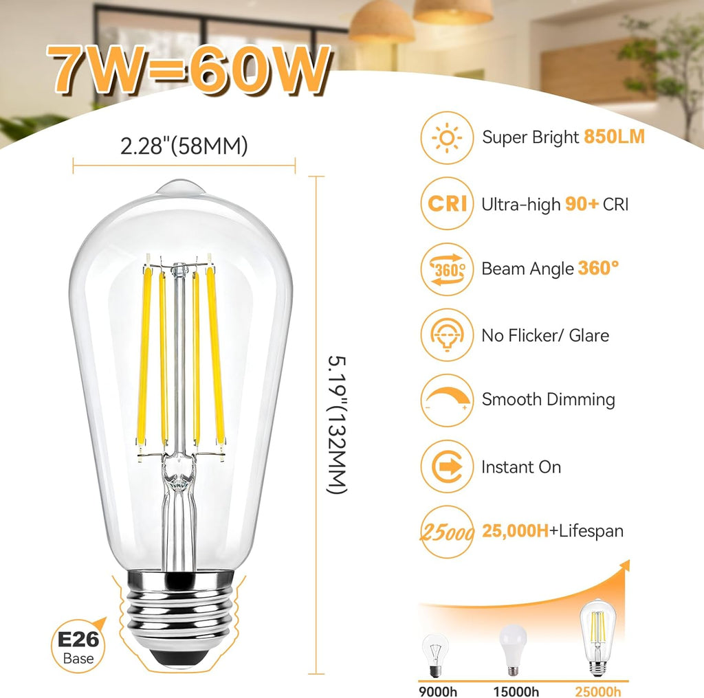 6-Pack Dimmable LED Light Bulbs 60W Equivalent, Vintage Edison Light Bulbs, 2700K Warm White ST58 7W LED Bulb Super