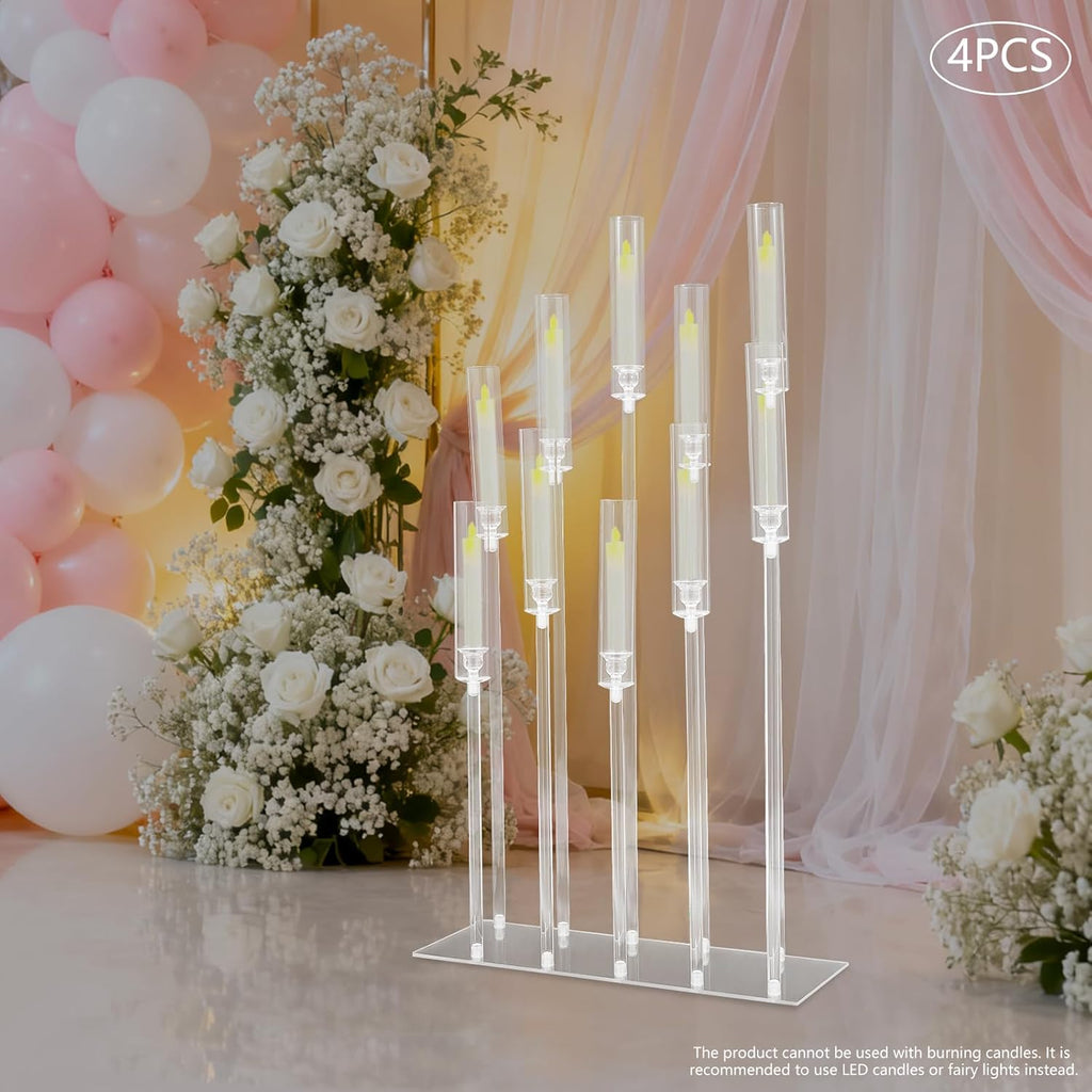 Set of 4 Acrylic Candle Holders with 10 Arms, Clear Modern Rectangular Base Candelabra Centerpiece, Party