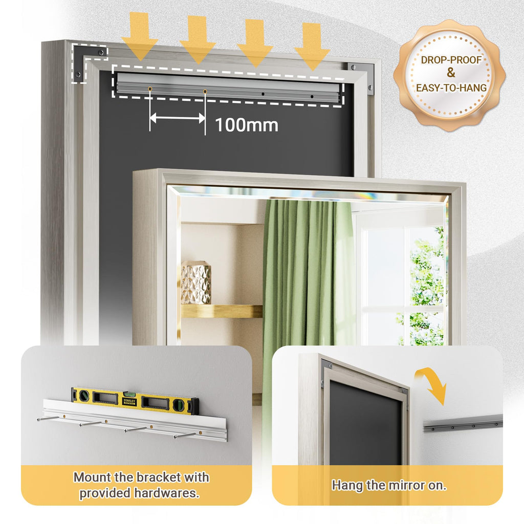 48'' x 36'' Brushed Nickel Framed Beveled Bathroom Mirror, Shatterproof Rectangle Brushed Nickel Frame Mirror