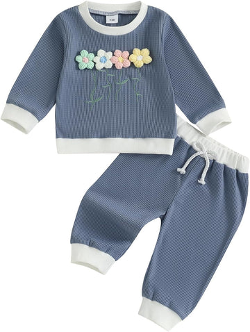 Toddler Clothes For Girls Baby 3D Flower Fall Winter Outfits Stripes Waffle Sweatshirt Pullover Cute Pants Set
