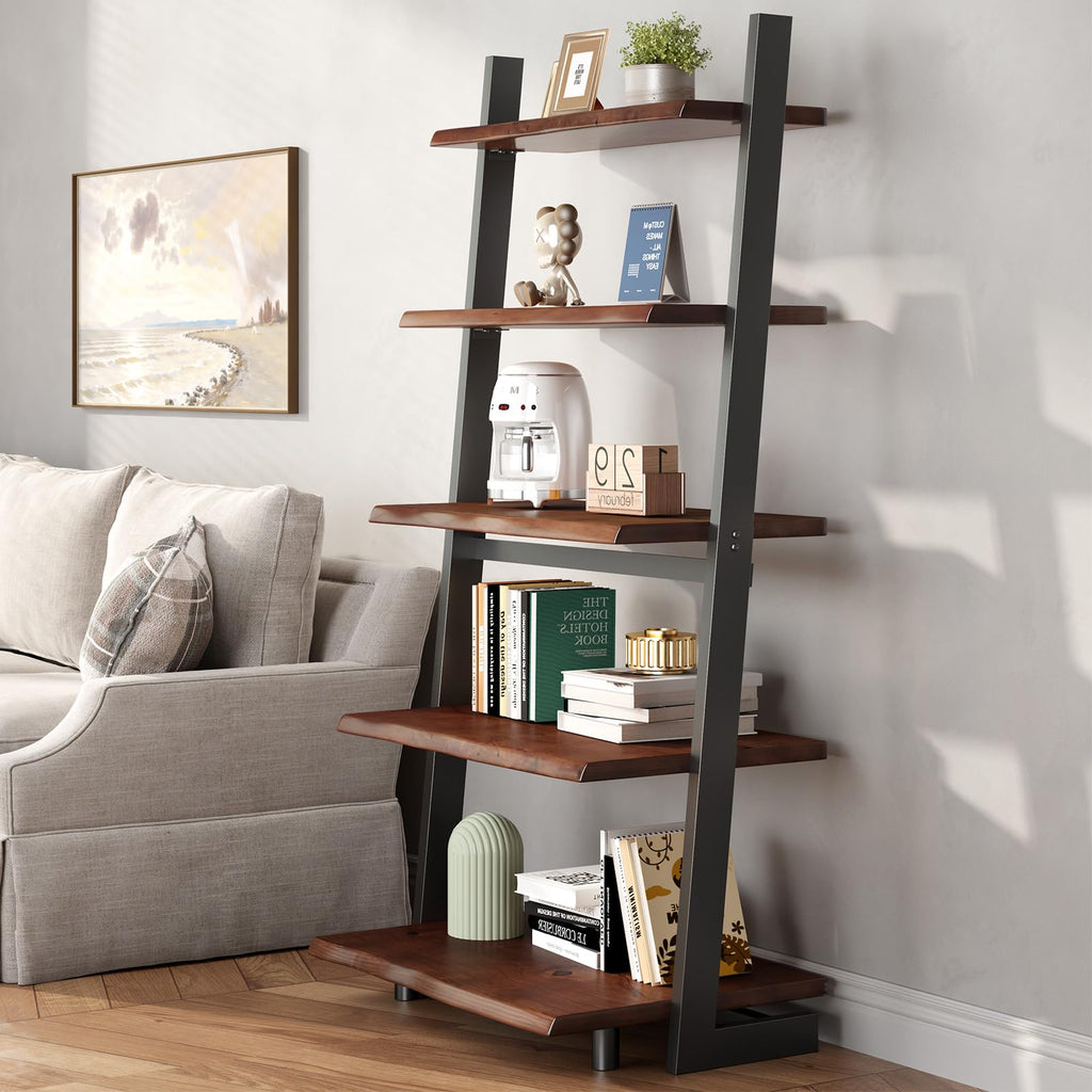 5-Tier Solid Wood Ladder Bookshelf with Natural Live Edge