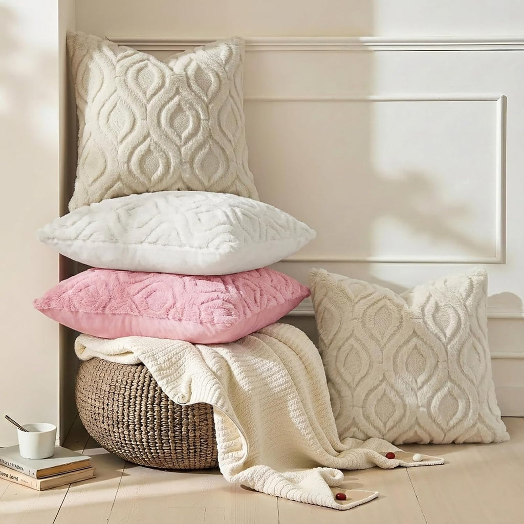 Throw Pillow Covers 18x18 Inch Set of 2, Soft Plush Faux Wool Beige Solid Couch Pillow Covers, Accent Farmhouse