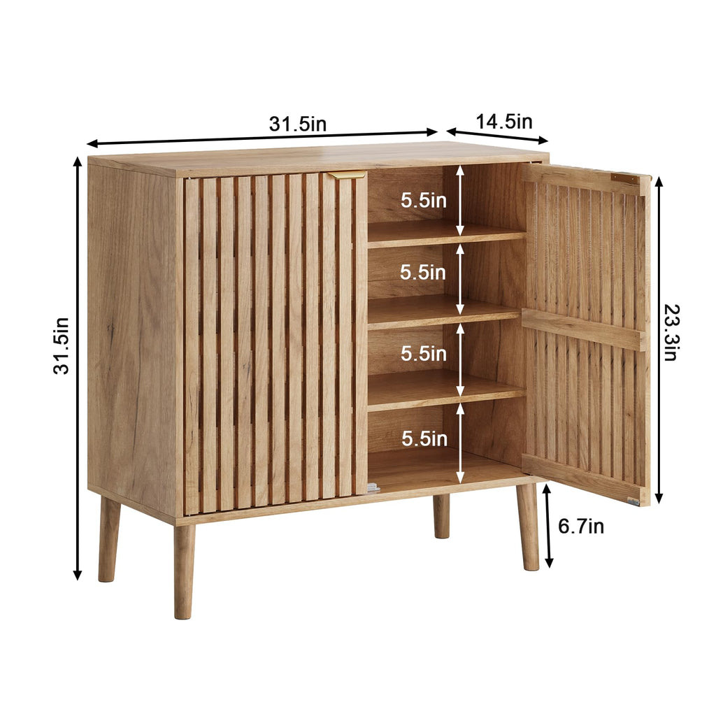 Freestanding Shoe Storage Cabinet with Fluted Slatted Doors, Wooden Hidden Shoe Organizer, Closed Shoe Rack Foyer