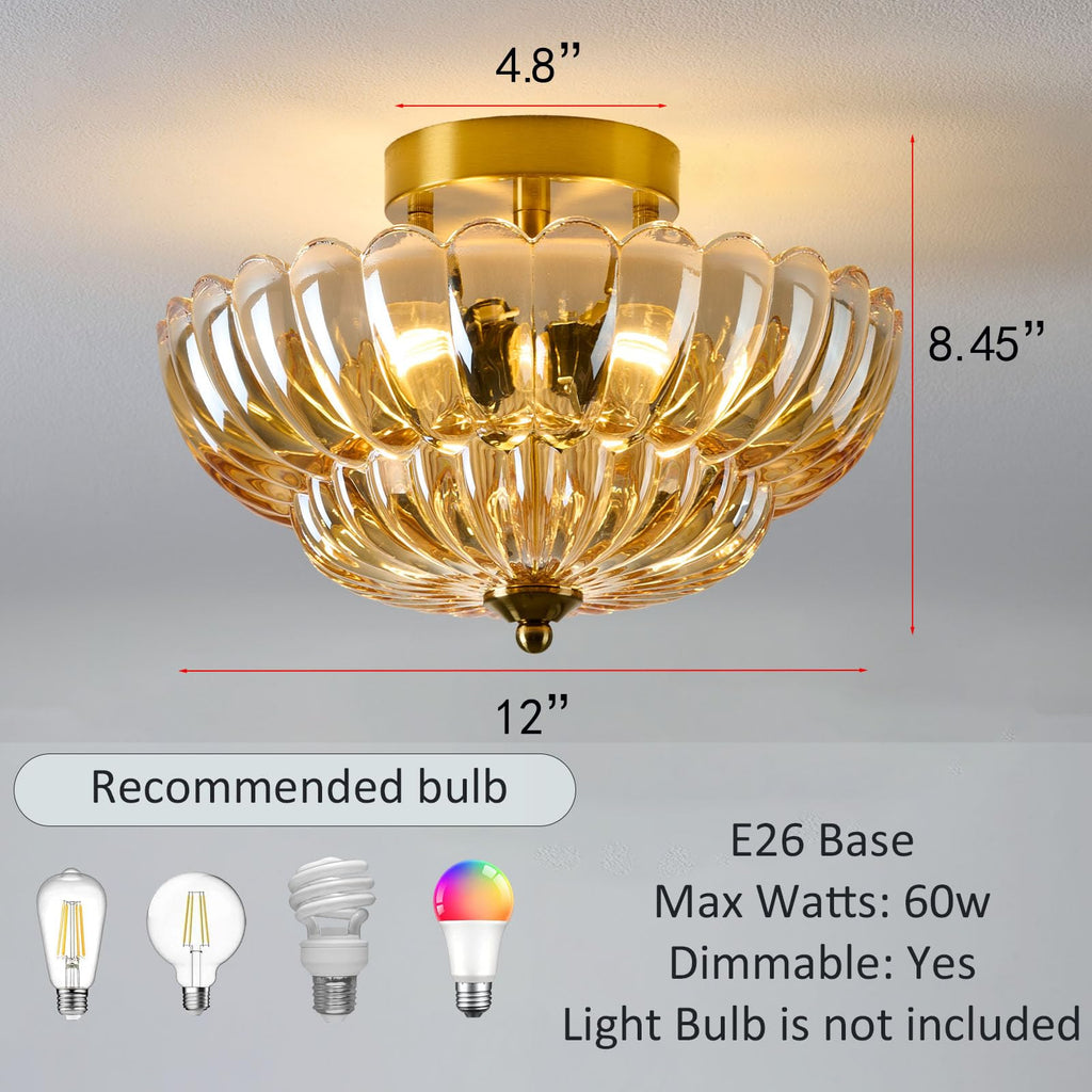 Semi Flush Mount Ceiling Light, 12 Inch Vintage Gold Fixture with Amber Glass Shade, 3-Light Close to Ceiling