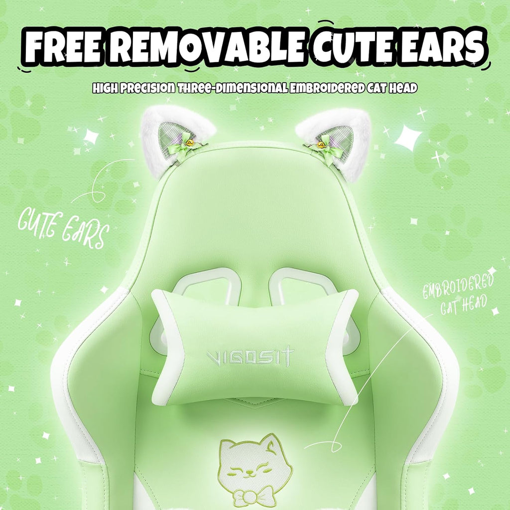 Cute Cat Ears Gaming Chair for Women Girls - Ergonomic PU Leather Office Chair with Footrest cat paw Pillow, 360°