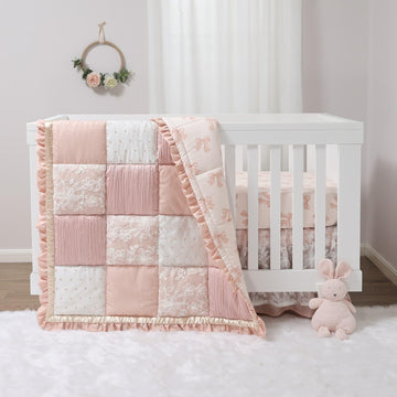 3 Piece Baby Crib Bedding Set for Girls - Cotton Fitted Crib Sheet, Layered Dust Ruffle, Comforter, Newborn, Infant &