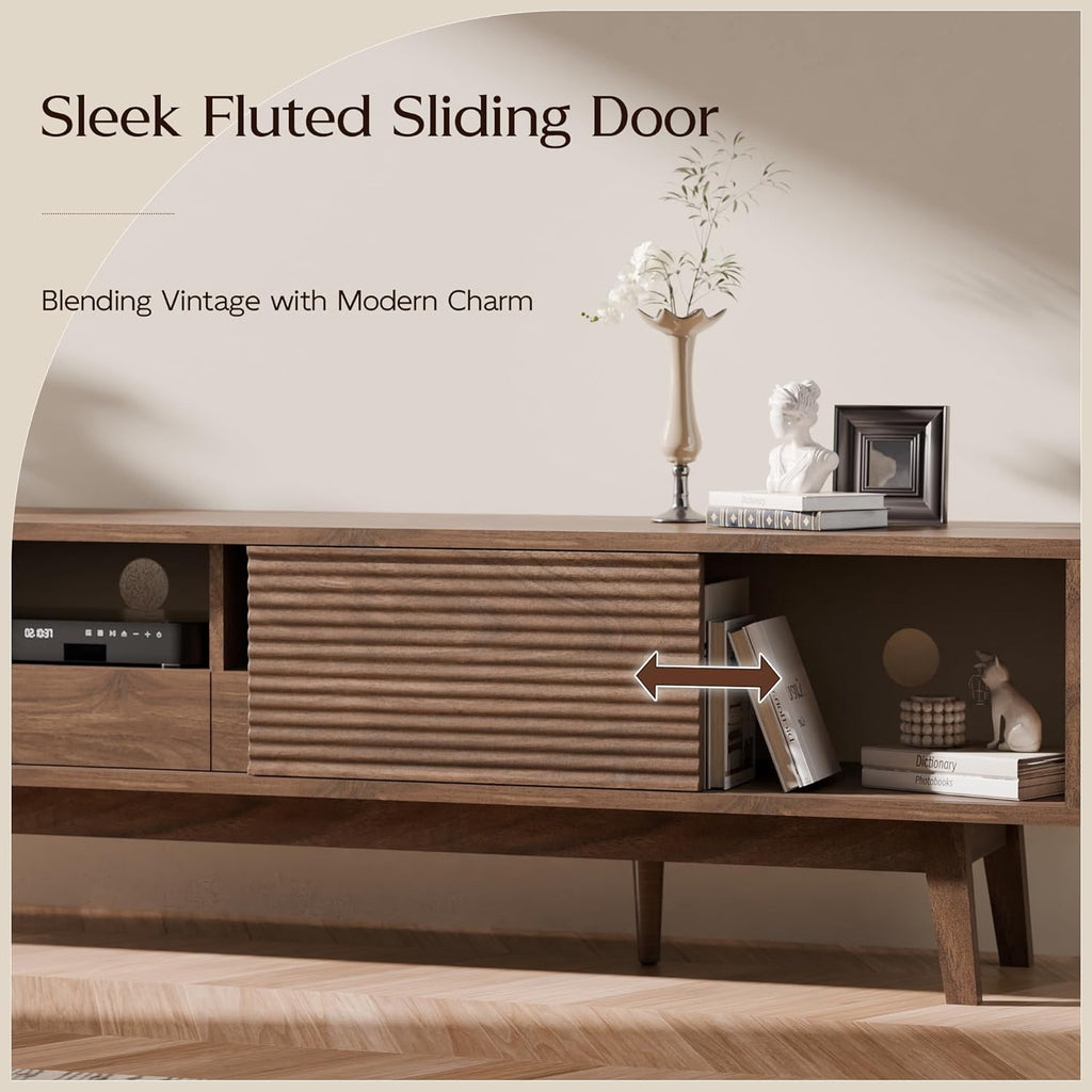 70" Mid Century Modern TV Stand for TVs up to 75 Inch, Low Profile Entertainment Center with Fluted Sliding Doors &