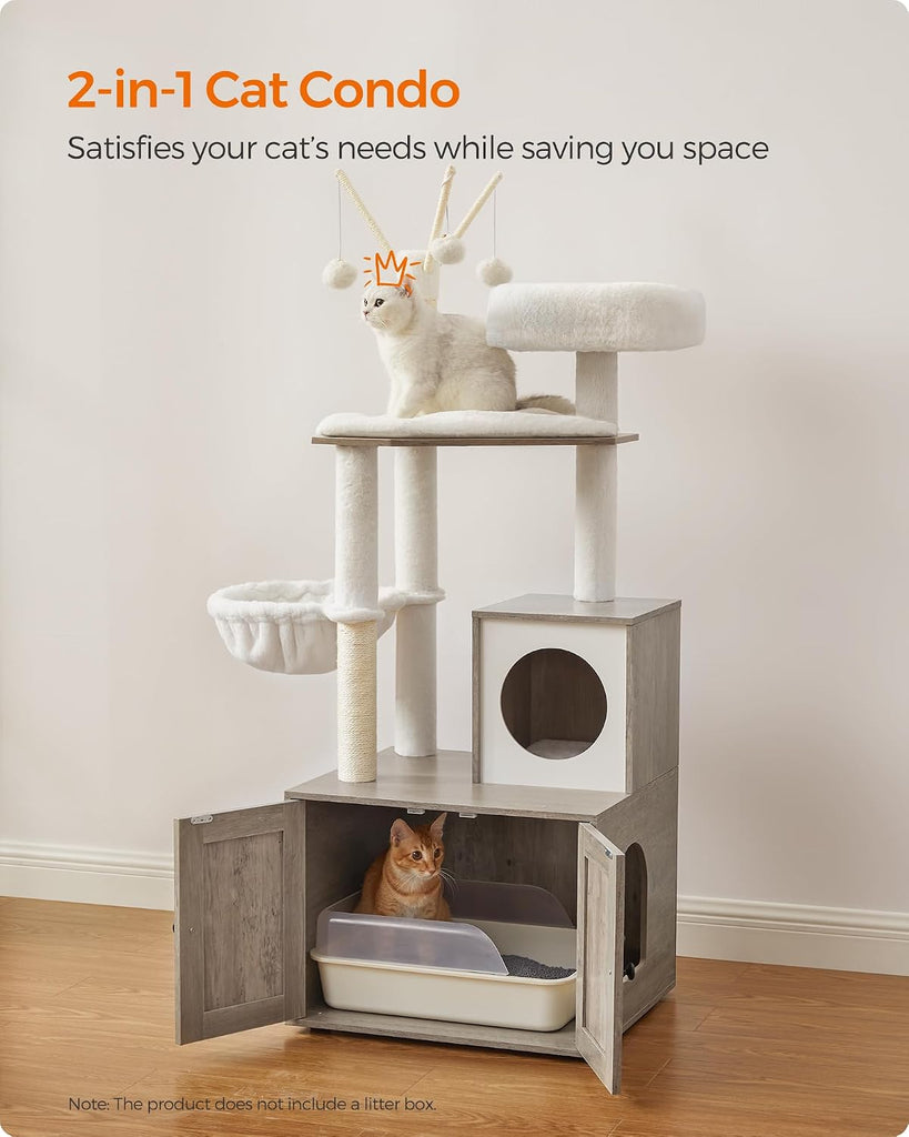 Cat Tree with Litter Box Enclosure, 59-Inch, 2-in-1 Condo