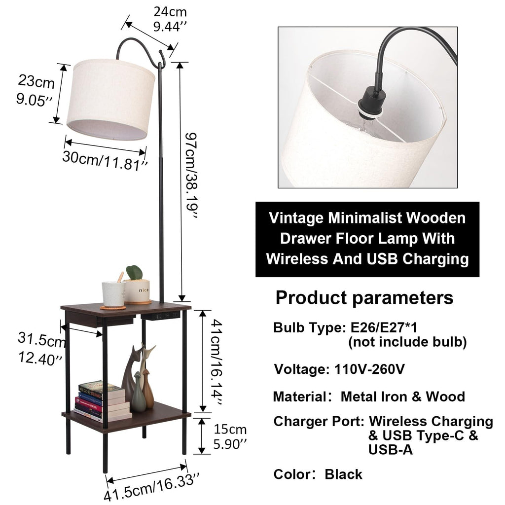 Floor Lamp with Table Industrial Rustic End Table, Industrial Floor Lamp with USB Wireless Charging Port&Charging
