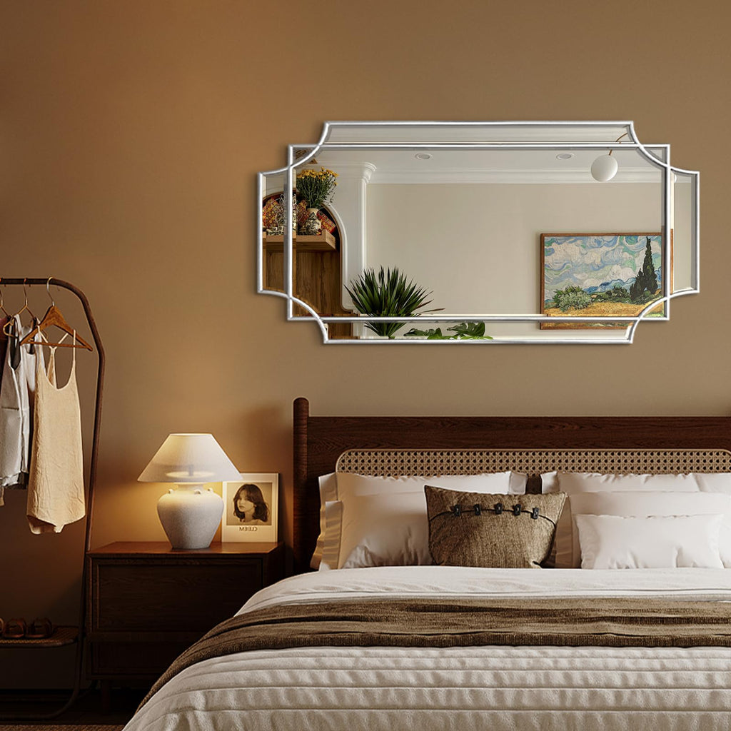 Wall Mirror Full Length, 47" x 24" Silver Wood Framed Full Body Mirror, Scalloped Beveled Polished Decorative