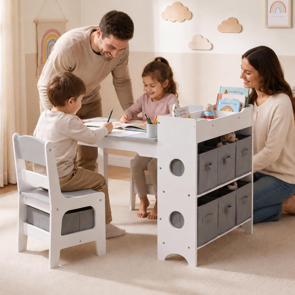 Kids Art Table & 2 Chairs Set, Bookshelf, Grey