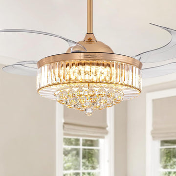 48 Inch Crystal Ceiling Fan with Light and Remote Modern Dimmable Fandelier Invisible Retractable Chandelier Fan Gold