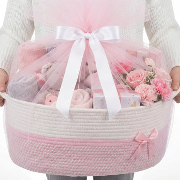 Large Woven Gift Basket Empty, Pink, Stripe