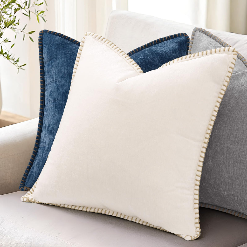 Soft Chenille Throw Pillow Covers 24x24 Set of 2 Neutral Gray