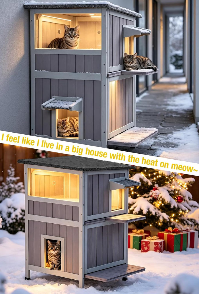 2-Story Heated Cat House Outdoor Indoor Solid Wood Kitty Condo