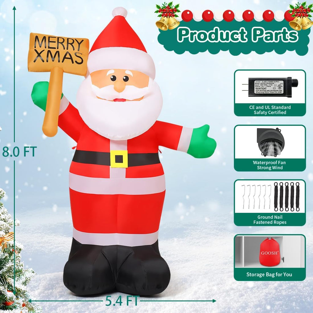 8 FT Christmas Inflatables Santa Claus Outdoor Decorations Blow Up Yard Santa Claus Holding Merry Xmas Sign with