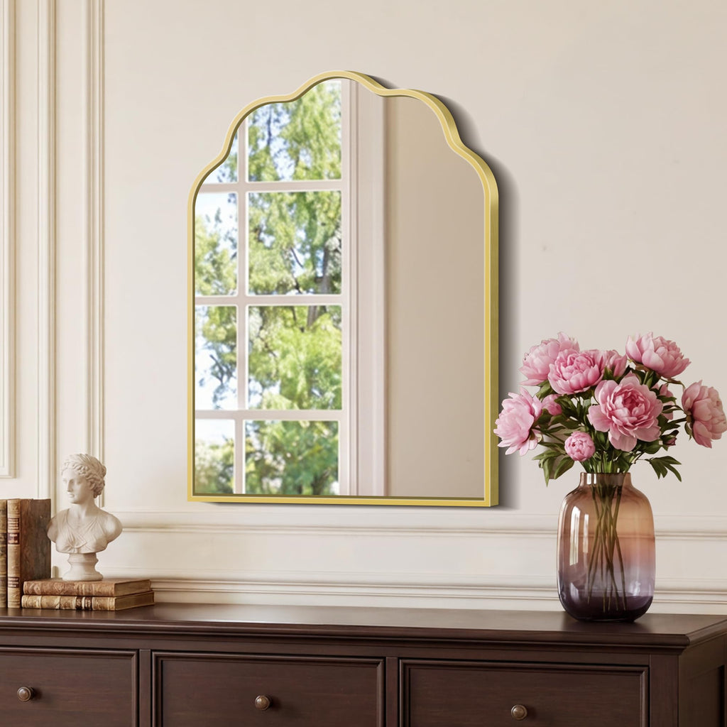 Gold Arched Mirror, 18×24Inch Scalloped Bathroom Mirror, Wavy Wall Mounted Vanity Mirror with Aluminum Alloy Frame